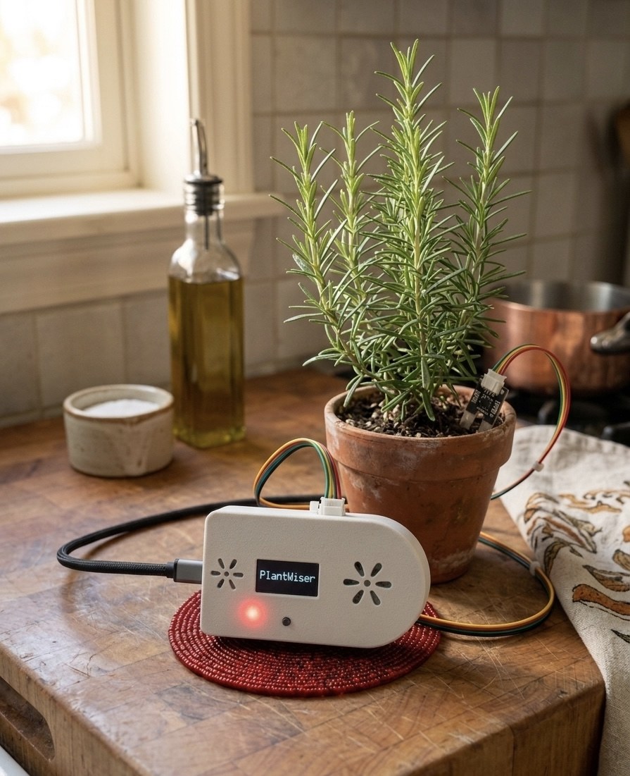 PlantWiser device watering a rosemary plant on a sunlit kitchen counter