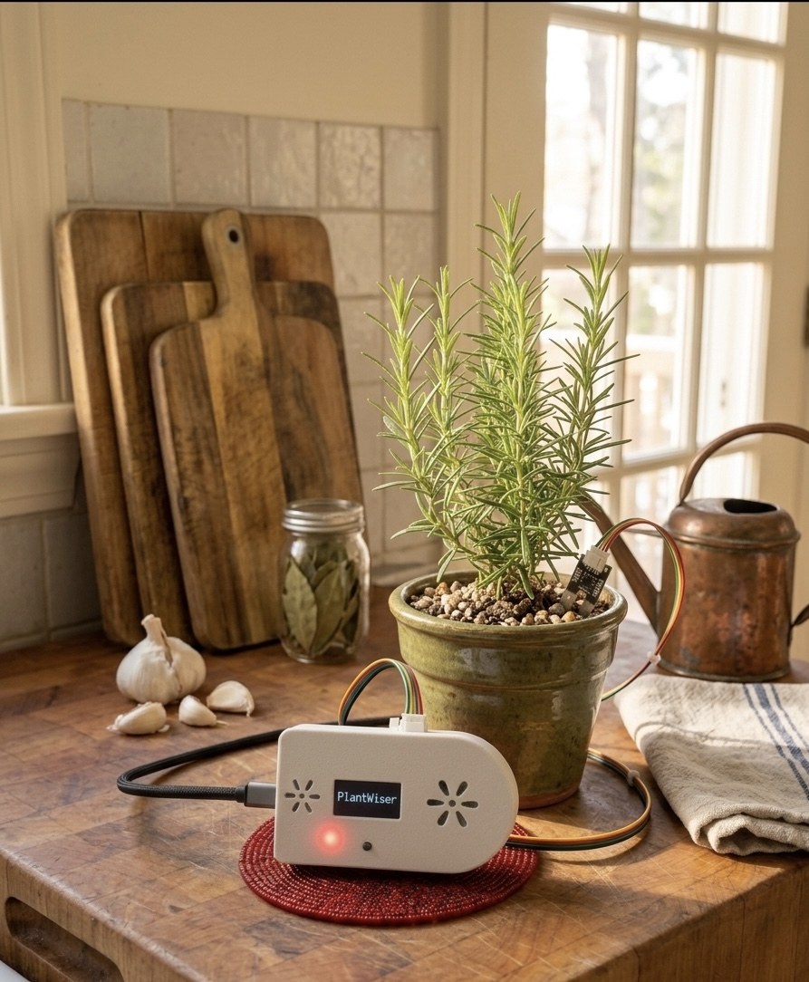 PlantWiser monitoring rosemary in a rustic kitchen