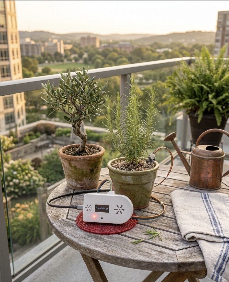 PlantWiser on a balcony at golden hour overlooking a city skyline