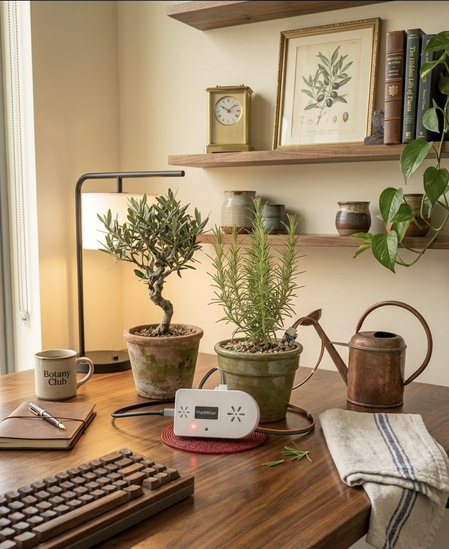 PlantWiser on a desk with a botany book and small olive tree